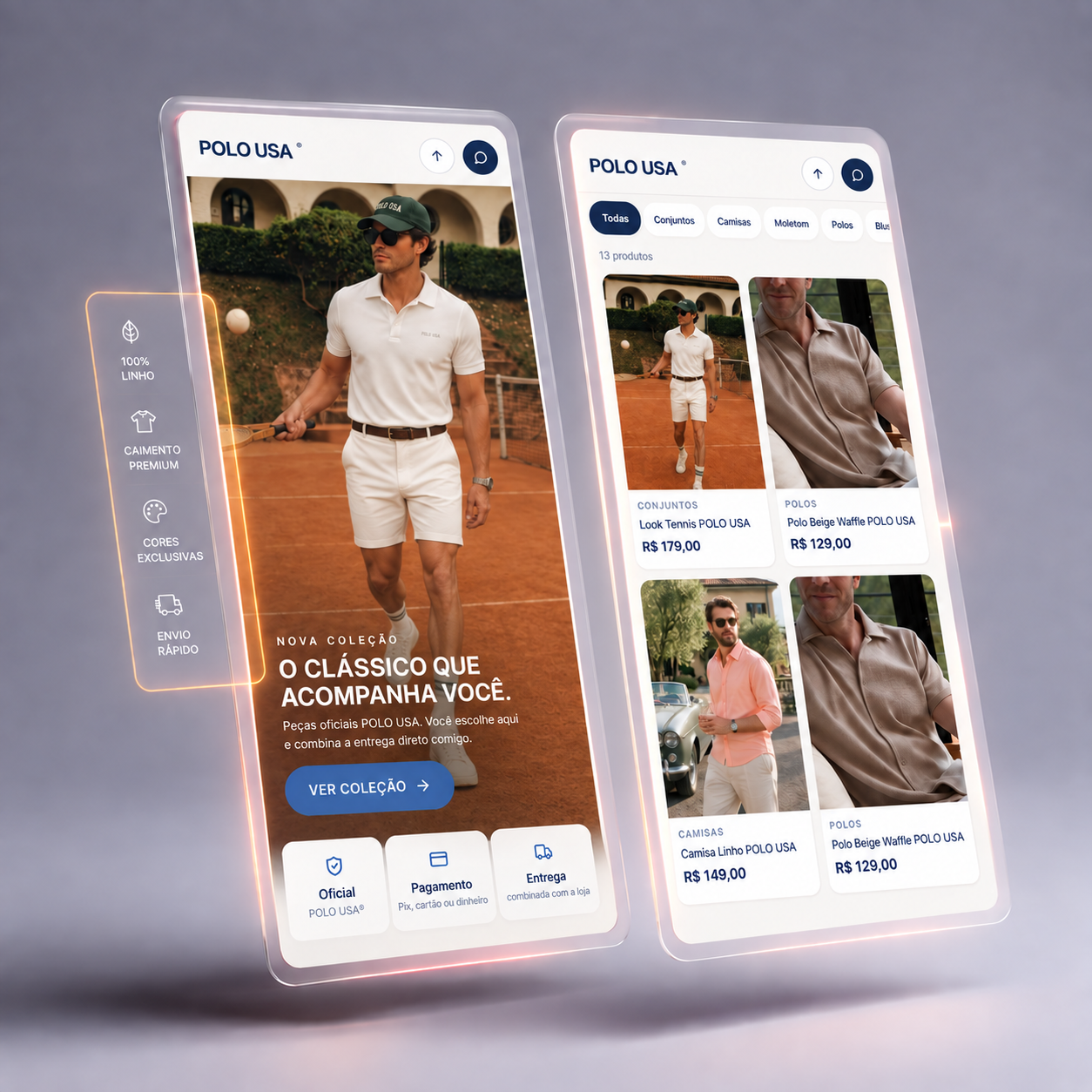 Boutique Digital POLO USA com vitrine e catálogo em duas telas de celular